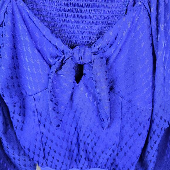 Romantic Regencycore Blouse Bodysuit L Blue Coquette Puff Sleeve Bow Smocked - Picture 9 of 9